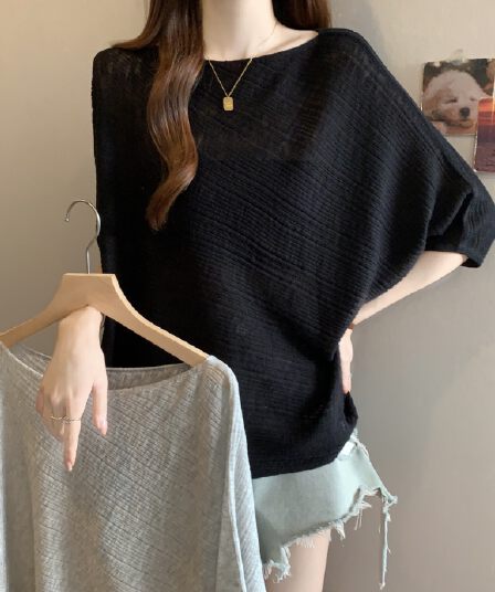 실사 여름 얇은 스타일 모방 아마 니트 스웨터 여성 라운드 넥 풀오버 사선 무늬 루즈핏 캐주얼 느긋한 바람 태양 보호 셔츠