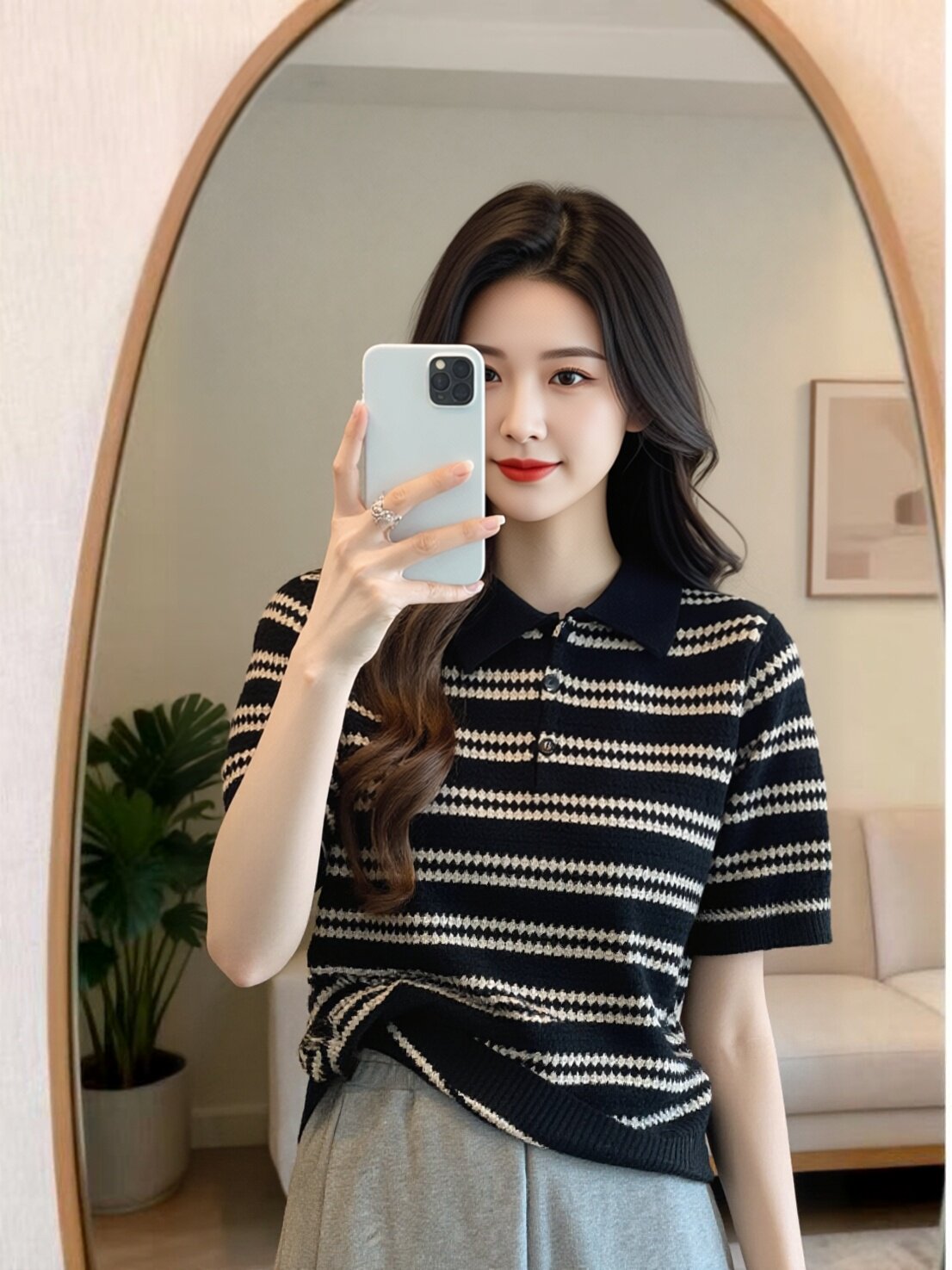 실사 빅 사이즈 여성 새로운 아메리칸 레트로 POLO 칼라 여름 새로운 얼음 실크 니트 스웨터 반 개방 폴로 칼라 맨위