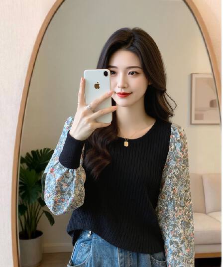 실사 봄 가을 빅 사이즈 여성 셔츠 한 부서 꽃무늬 패치워크 긴팔 거품 소매 니트 스웨터 가짜 2 피스 슈트 맨위