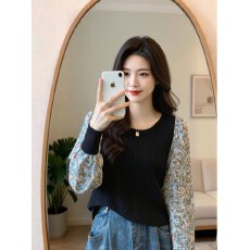 批发实拍~<b class='q'>春</b>秋大码衬衫女韩系碎花拼接长袖泡泡袖针织衫假两件套上衣