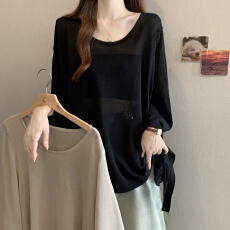 批发实拍~大码<b class='q'>针织</b>衫女圆领套头冰丝防晒罩衫宽松休闲慵懒中<b class='q'>长款</b>上衣