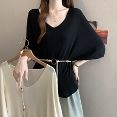 批发实拍~大码<b class='q'>春</b>夏新款V领冰丝针织衫宽松显瘦配腰带蝙蝠袖蕾丝上衣