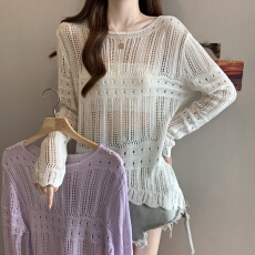 批发实拍大码春夏新款法式复古镂空罩衫女宽松套头不对称设计感防晒衫