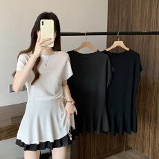 批发实拍~大码夏季新款冰丝<b class='q'>针织</b>衫女配腰带宽松休闲遮肚子中<b class='q'>长款</b>上衣