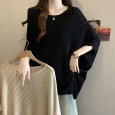 批发实拍~大码夏季薄款不对称拼接设计感胖妹妹宽松显瘦<b class='q'>针织</b>衫上衣