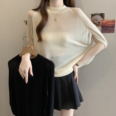 批发实拍~大码女法式气质薄款针织衫气质蝙蝠袖夏季宽松显瘦斗篷上衣