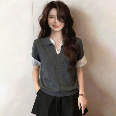 批发实拍大码美式复古假两件套上衣女宽松显瘦V领拼接条纹针织衫上衣