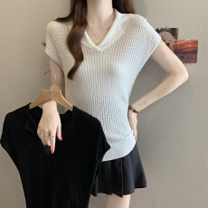 批发实拍大码夏季薄款翻领冰丝针织衫女微胖正肩肌理感麻花短袖上衣