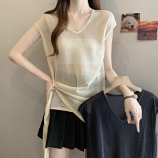 批发实拍~大码韩系薄款V领仿亚麻针织衫女系带不规则无袖背心单穿马甲