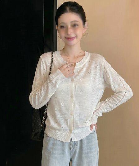 실사 빅 사이즈 마이크로 지방 한 부서 홀로우 아웃 얇은 스타일 레이스 니트 오픈 가디건 여성 여름 새로운 외부 가져 가라. 화이트 태양 보호 셔츠