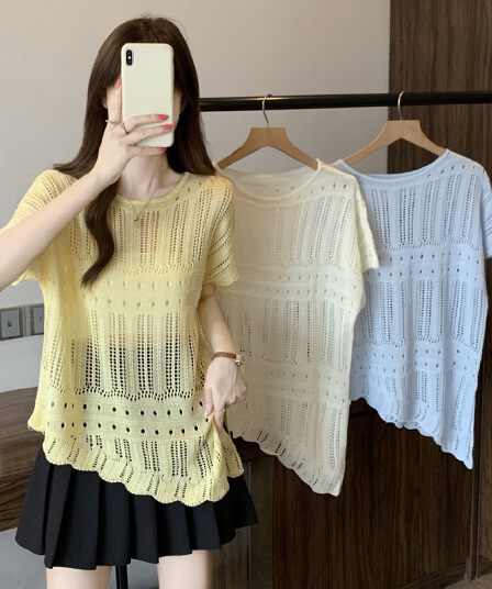 실사 빅 사이즈 새로운 프랑스식 레트로 홀로우 아웃 블라우스 여성 루즈핏 풀오버 비대칭 디자인 센스 배트윙 소매 맨위