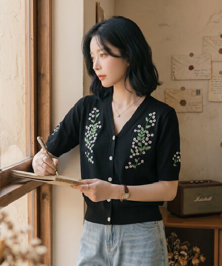 실사 빅 사이즈 레트로 자수 자수 맨위 여성 마이크로 지방 슬림해 보이는 반팔 얼음 실크 니트 스웨터 V넥 오픈 가디건