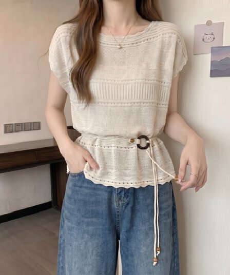 실사 빅 사이즈 한 부서 익스트림 제인 바람 배트윙 소매 니트 스웨터 여성 여름 얇은 스타일 홀로우 아웃 자수 슬림해 보이는 맨위