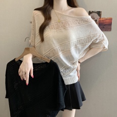 批发实拍~<b class='q'>大码</b>夏季薄款镂空花边上衣女法式复古微胖宽松显瘦<b class='q'>针织</b>衫T恤