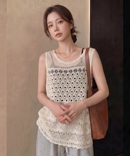 실사 빅 사이즈 한 부서 레트로 라운드 넥 조끼 여성 얇은 스타일 다용도 니트 스웨터 홀로우 아웃 스택 착용 슬립 블라우스