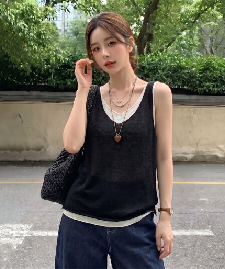 실사 빅 사이즈 여름 새로운 가짜 2 피스 슈트 조끼 여성 얼음 실크 모방 아마 마이크로 지방 표지 배 티셔츠 맨위