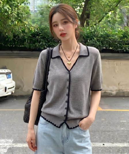 실사 빅 사이즈 한 부서 레트로 POLO 칼라 얇은 스타일 얼음 실크 반팔 여성 여름 자수 패치워크 색상 캐주얼 니트 맨위