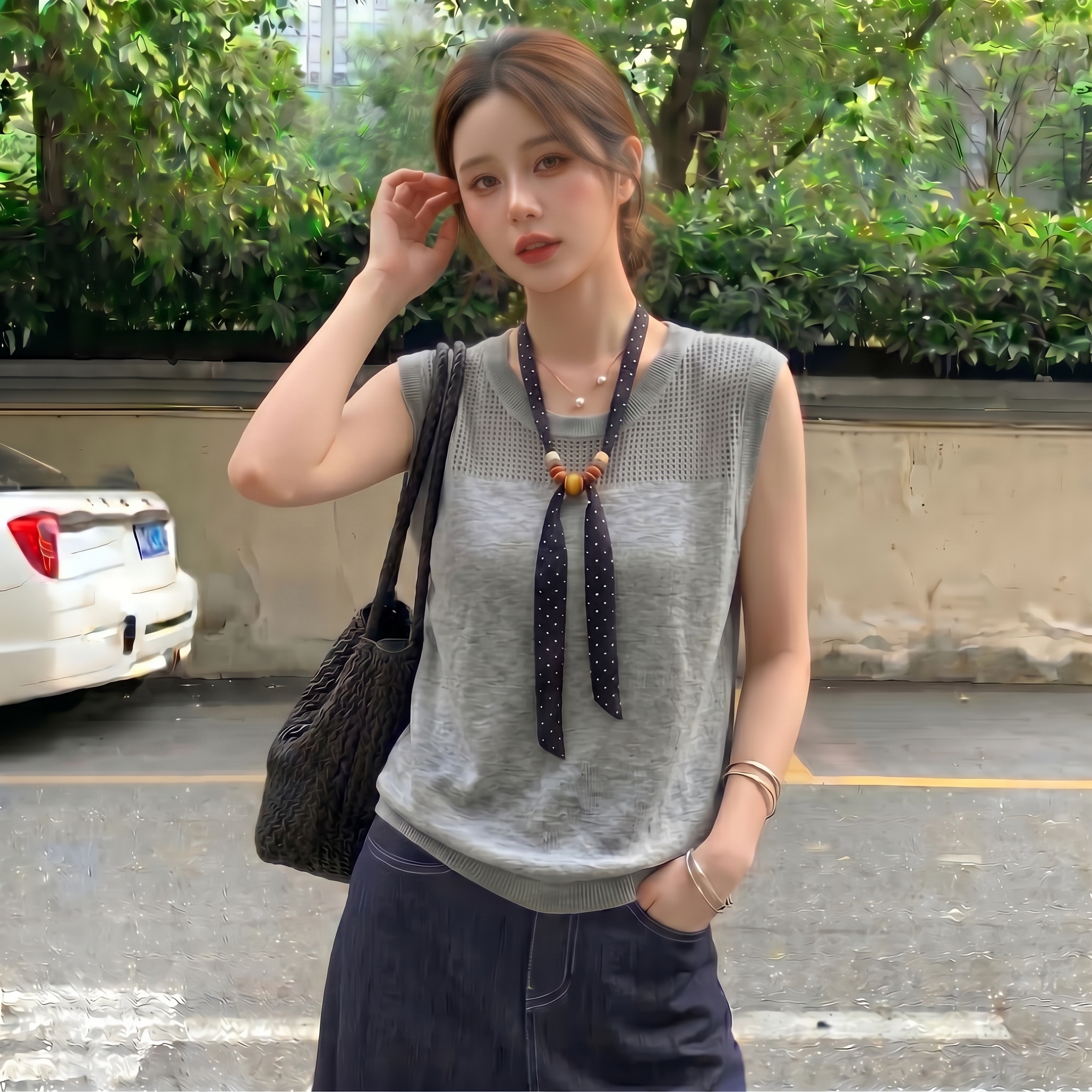 실사 빅 사이즈 프랑스식 배색 스카프 레트로 홀로우 아웃 니트 스웨터 여성 회색 캐주얼 미니멀리즘 얇은 스타일 맨위