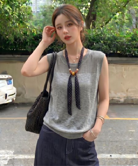 실사 빅 사이즈 프랑스식 배색 스카프 레트로 홀로우 아웃 니트 스웨터 여성 회색 캐주얼 미니멀리즘 얇은 스타일 맨위