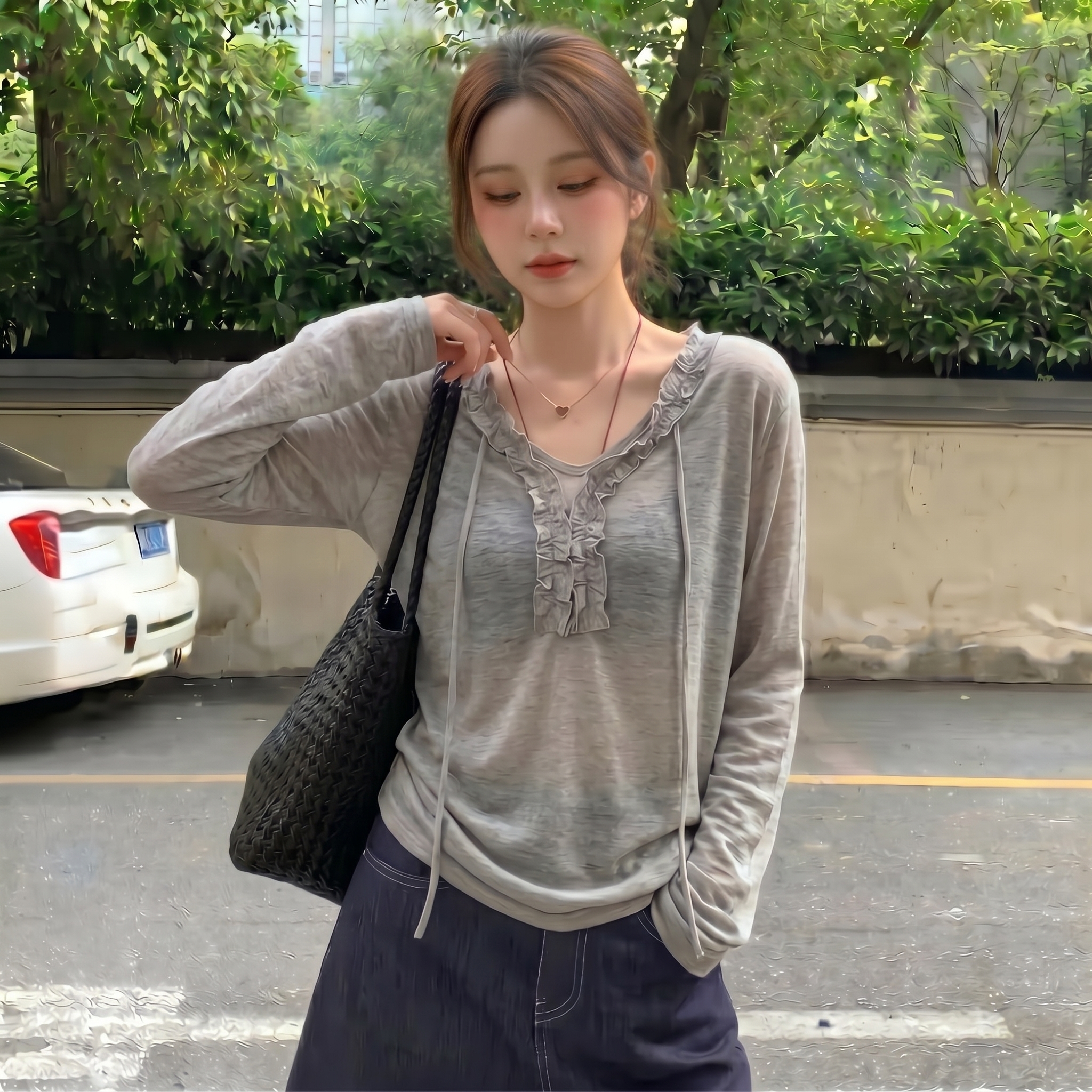 실사 빅 사이즈 여름 부드러운 바람 한 부서 회색 V넥 자외선 차단 긴팔 티셔츠 여성 블라우스 외부 가져 가라. 에어컨 맨위