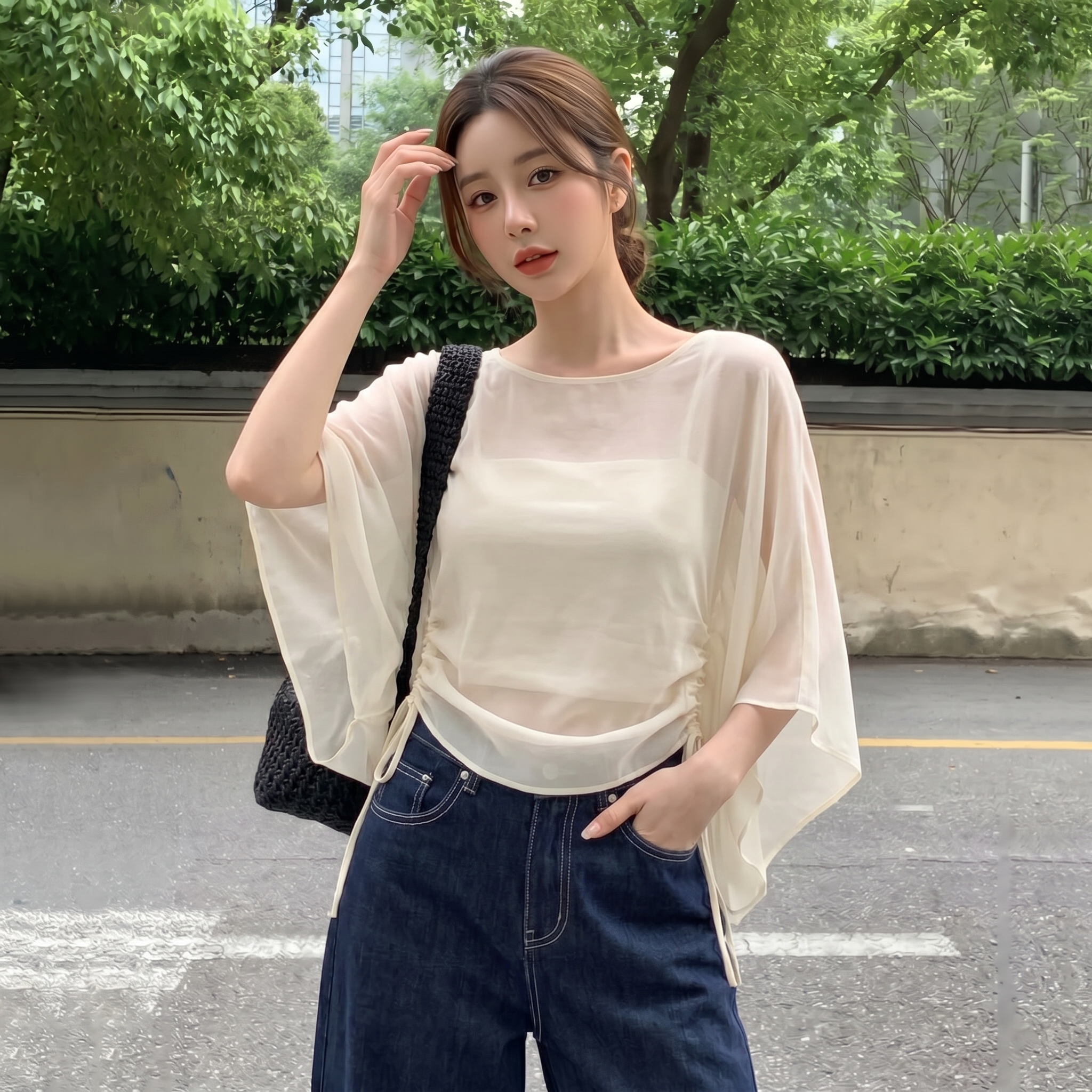 실사 빅 사이즈 프랑스식 레트로 주름 시폰 셔츠 여성 여름 새로운 펌프 로프 디자인 센스 얇은 스타일 자외선 차단 맨위