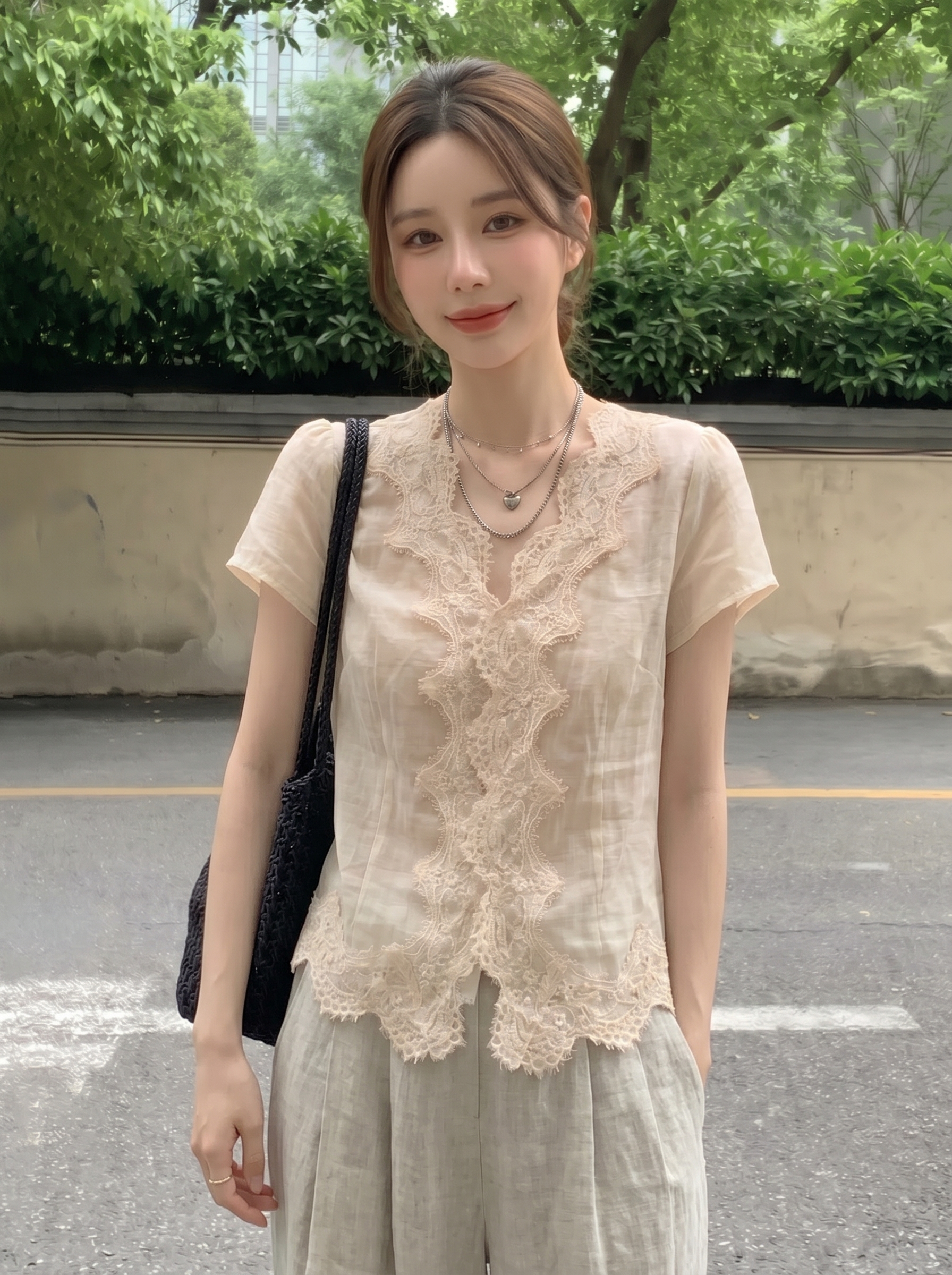 실사 빅 사이즈 여름 얇은 스타일 프랑스식 레트로 레이스 조각 여성 셔츠 마이크로 지방 연령 감소 통기성 슬림해 보이는 맨위