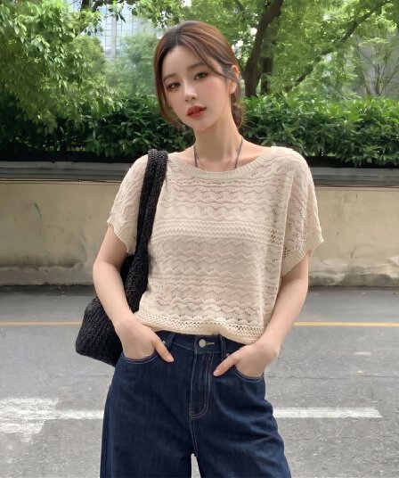 실사 빅 사이즈 여름 얇은 스타일 한 부서 캐주얼 질감 센스 니트 스웨터 여성 레이스 자수 홀로우 아웃 레트로 맨위