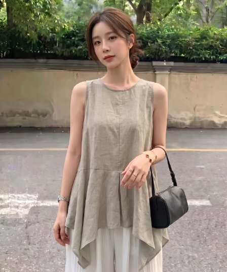빅 사이즈 빅 사이즈 프랑스식 품격 불규칙 민소매 여성 셔츠 여름 얇고 가벼운 통기성 마이크로 지방 슬림해 보이는 연령 감소 맨위