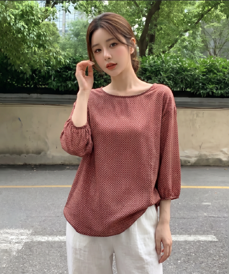 실사 빅 사이즈 가을 새로운 레트로 얇은 스타일 아름다운 작은 셔츠 여성 마이크로 지방 외국 가스 쉬폰 프린트 중간 소매 맨위