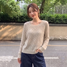批发实拍~大码秋季新款复古镂空针织衫女气质百搭韩系勾花长袖上衣