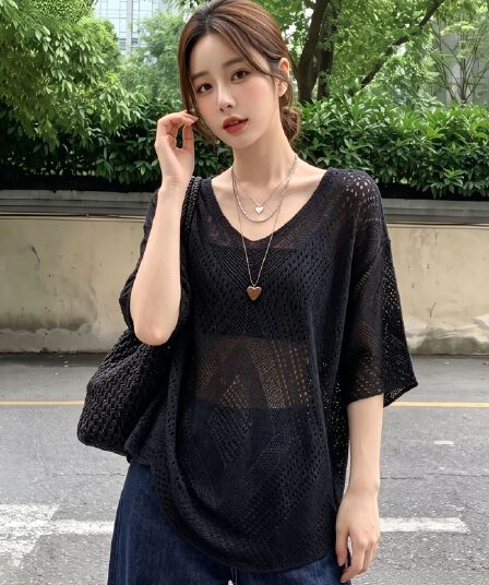 실사 빅 사이즈 여름 얇은 스타일 V넥 홀로우 아웃 블라우스 여성 프랑스식 레트로 루즈핏 느긋한 바람 니트 스웨터 맨위