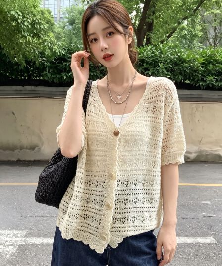 실사 빅 사이즈 여름 새로운 2026 년 한국 스타일 얼음 실크 홀로우 아웃 레트로 수공 자수 통기성 오픈 가디건 여성