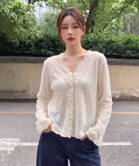 실사 빅 사이즈 가을 얇은 스타일 V넥 니트 스웨터 여성 프랑스식 레트로 레이스 자수 자카드 루즈핏 슬림해 보이는 맨위