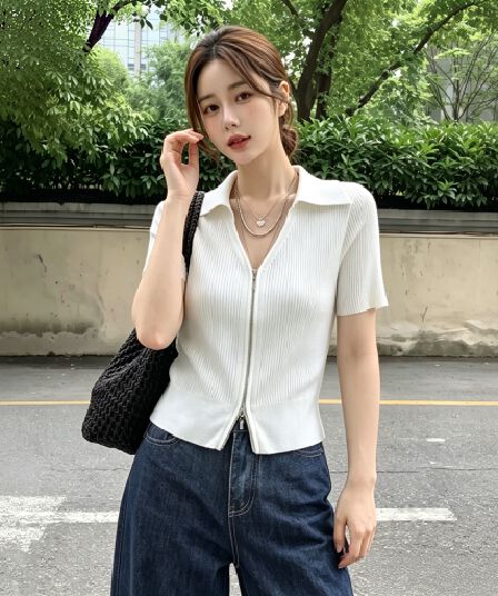 실사 빅 사이즈 아메리칸 레트로 POLO 칼라 더블 지퍼 오픈 가디건 여성 여름 슬림해 보이는 디자인 센스 니트 반팔 티셔츠