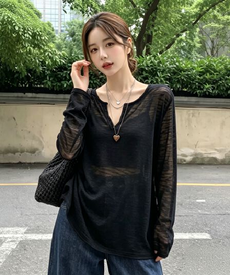 실사 빅 사이즈 자외선 차단 블라우스 여성 여름 루즈핏 느긋한 바람 지방 mm 홀로우 아웃 외부 가져 가라. 시스루 대나무 마디 마 맨위