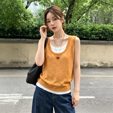 批发实拍-大码多巴胺假两件针织吊带背心女夏季外穿薄款坎肩冰丝上衣