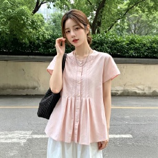 批发实拍-大码自制日系少女甜美奶油粉色小飞袖衬衫<b class='q'>夏</b>设计感压褶宽松