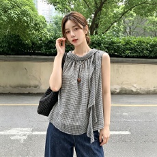 批发实拍-大码米格荡领无袖荷叶边衬衫女<b class='q'>夏</b>季设计感显瘦坎肩雪纺上衣