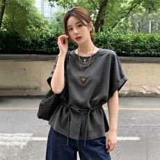 批发实拍-大码独特漂亮收腰小衫<b class='q'>女装</b>夏季新款潮牌抽绳短袖T恤洋气上衣