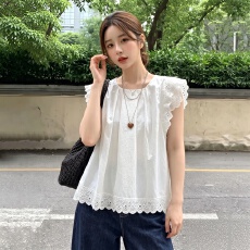 批发实拍-大码韩系少女蕾丝小飞袖娃娃衫夏季新款白色衬衫减龄宽松