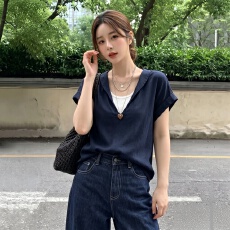 批发实拍-大码藏青色假两件V领短袖衬衫女夏季设计感显瘦宽松老钱风
