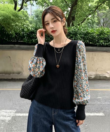 실사 빅 사이즈 여성 셔츠 한 부서 꽃무늬 패치워크 긴팔 거품 소매 니트 스웨터 가짜 2 피스 슈트 맨위