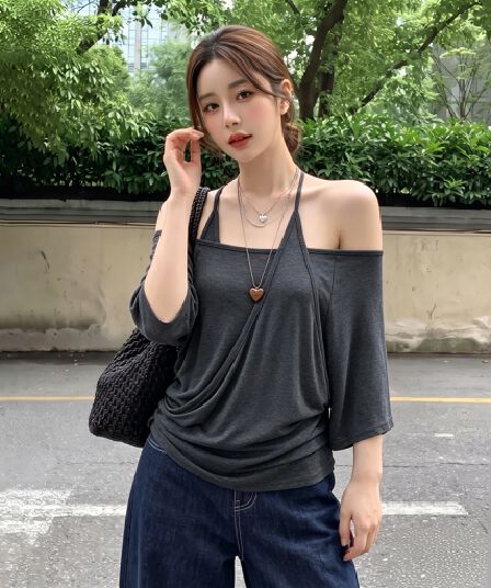 실사 빅 사이즈 여름 새로운 페이크 레이어드 오프숄더 행침 목 반팔 여성 여름 허리 수축 슬림해 보이는 배트윙 소매 맨위