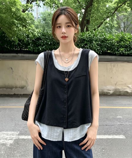 실사 빅 사이즈 한 부서 두 조각 여성 세트 여름 패션 u 칼라 정장 베스트 얇은 조끼 스택 착용 루즈핏 슬림해 보이는