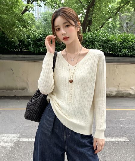 실사 빅 사이즈 V넥 루즈핏 슬림해 보이는 스웨터 2026 년 가을 겨울 새로운 페이크 레이어드 단추 긴팔 외국 가스 맨위