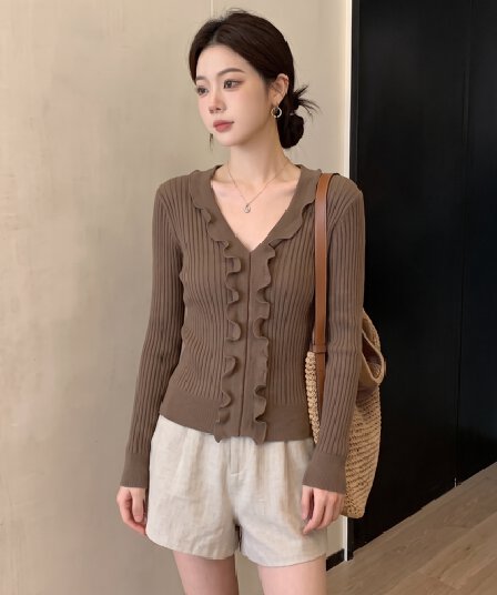 실사 빅 사이즈 이른 가을 얇은 스타일 물결무늬 측면 V넥 니트 스웨터 여성 한 부서 레트로 마이크로 지방 긍정적 인 어깨 긴팔 맨위