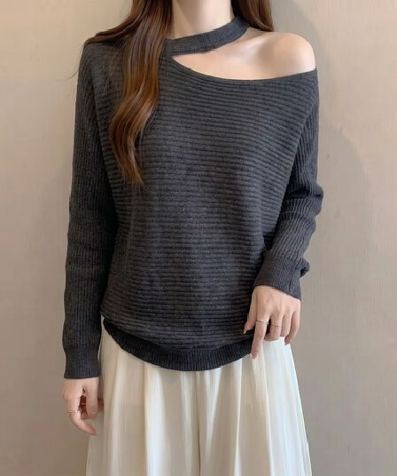 실사 빅 사이즈 가을 겨울 새로운 한 부서 패션 오프숄더 니트 여성 마이크로 지방 슬림해 보이는 질감 센스 예쁜 스웨터