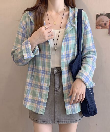 실사 이른 가을 얇은 스타일 한 부서 체크무늬 여성 코트 마이크로 지방 루즈핏 슬림해 보이는 후드 긴팔 녹색 그리드 셔츠