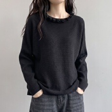 批发实拍大码<b class='q'>秋</b>冬新款木耳边毛衣女韩系复古微胖遮肚子宽松慵懒风上衣