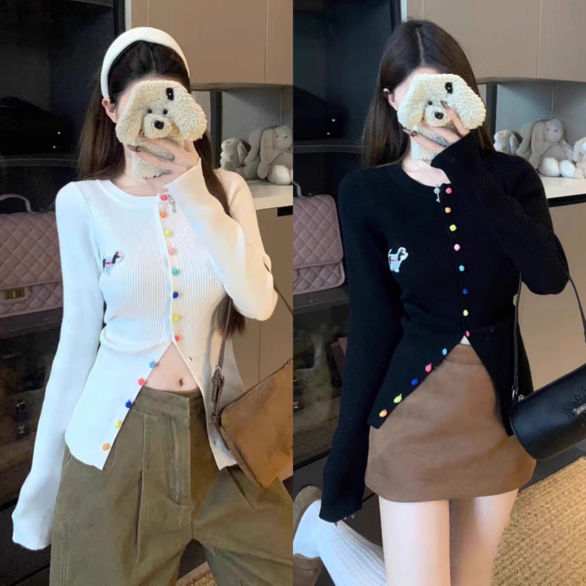 MY14293# 绝美彩色纽扣黑色针织开衫女士韩系穿搭小狗刺绣修身长袖上衣...